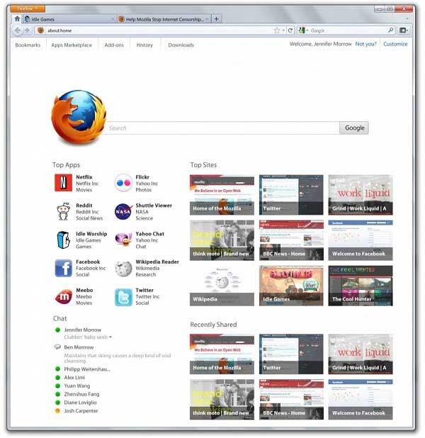 Nueva página de inicio de Firefox 13