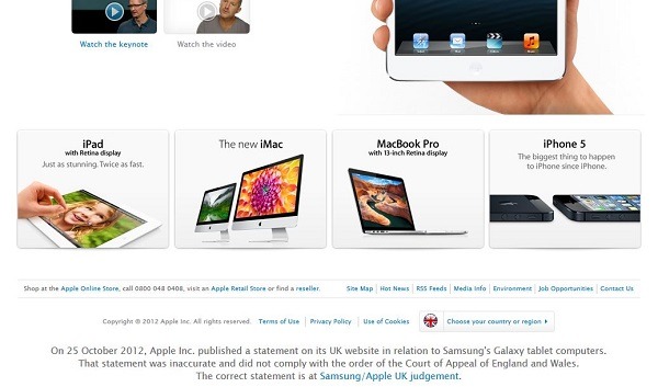 Apple «esconde» la disculpa a Samsung en su pagina web